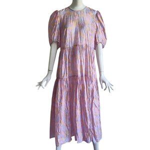 & OTHER STORIES Boho Coquette Puff Sleeve Pastel Crinkle Tiered Midi Dress Sz 8